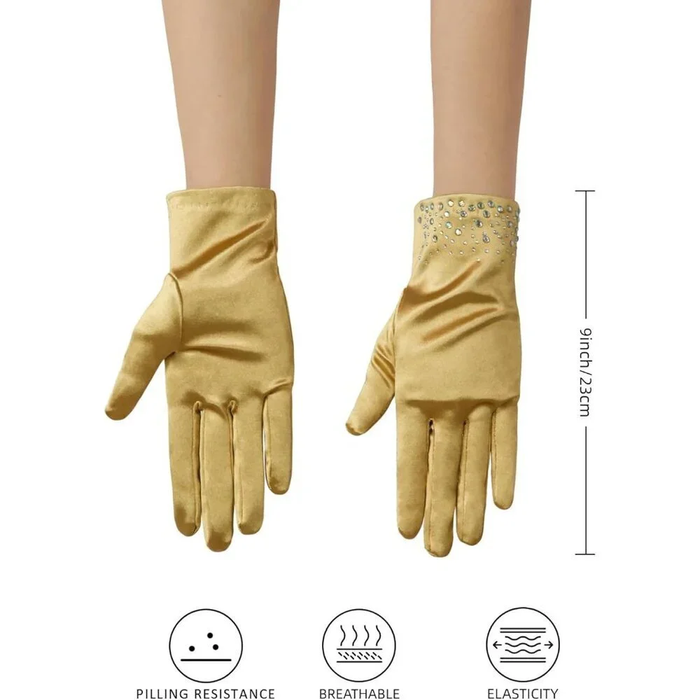 Women's Gold Sparkly Glitter Rhinestone Stretchy Satin Wrist Length Gloves